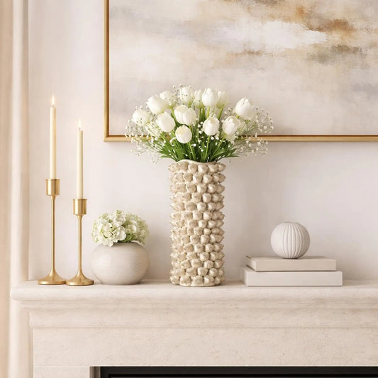Textured Floral Cylinder Porcelain Vase For Home Decor