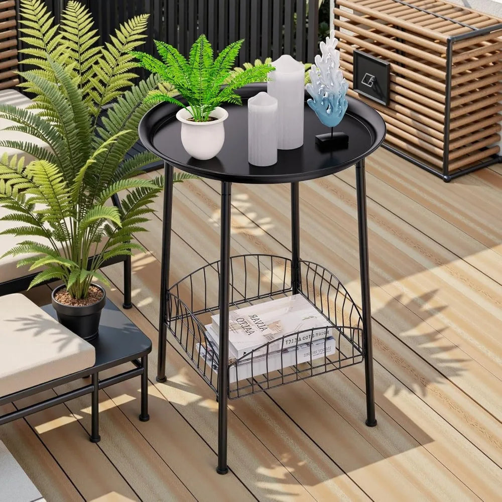 XIUWO Outdoor Side Table Two Tier Round Metal Patio