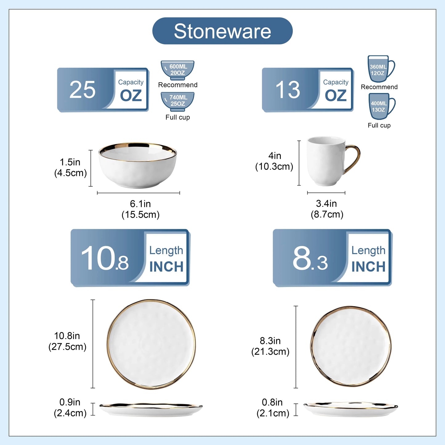 Malacasa Stoneware Dinnerware Set Handmade With Gold Trim