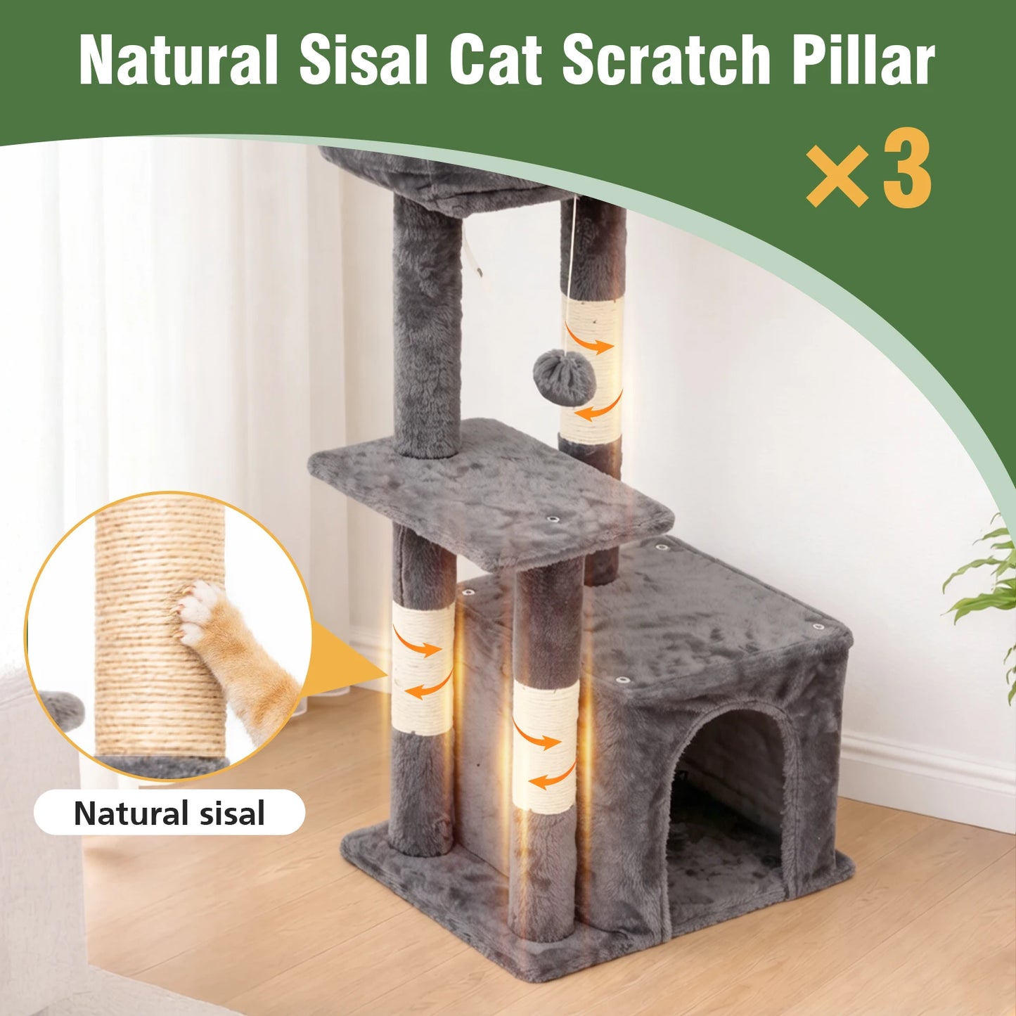 Indoor Cat Tree Tower With Scratching Posts And Condo