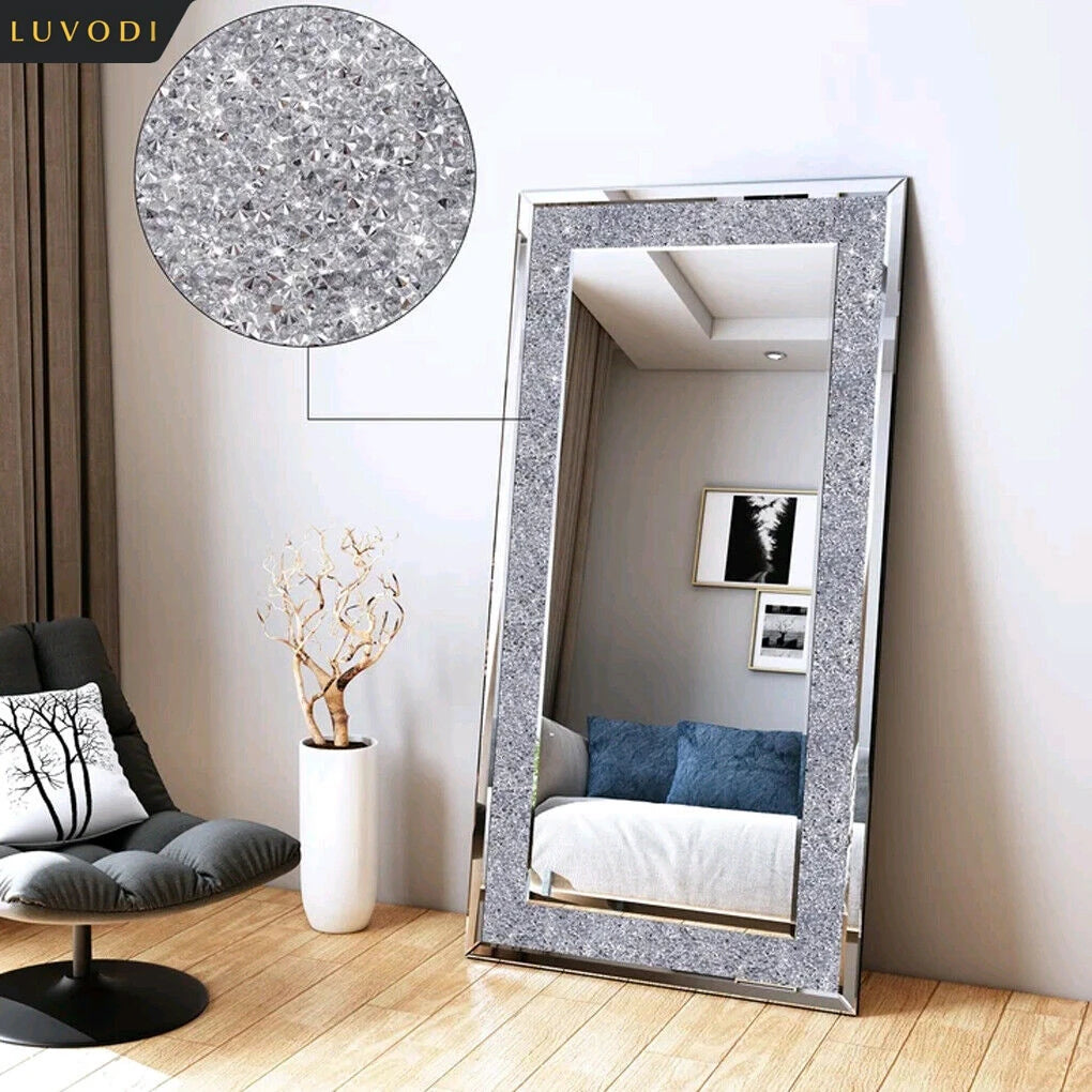 LUVODI Frameless Silver Crystal Rhinestone Wall Mirror
