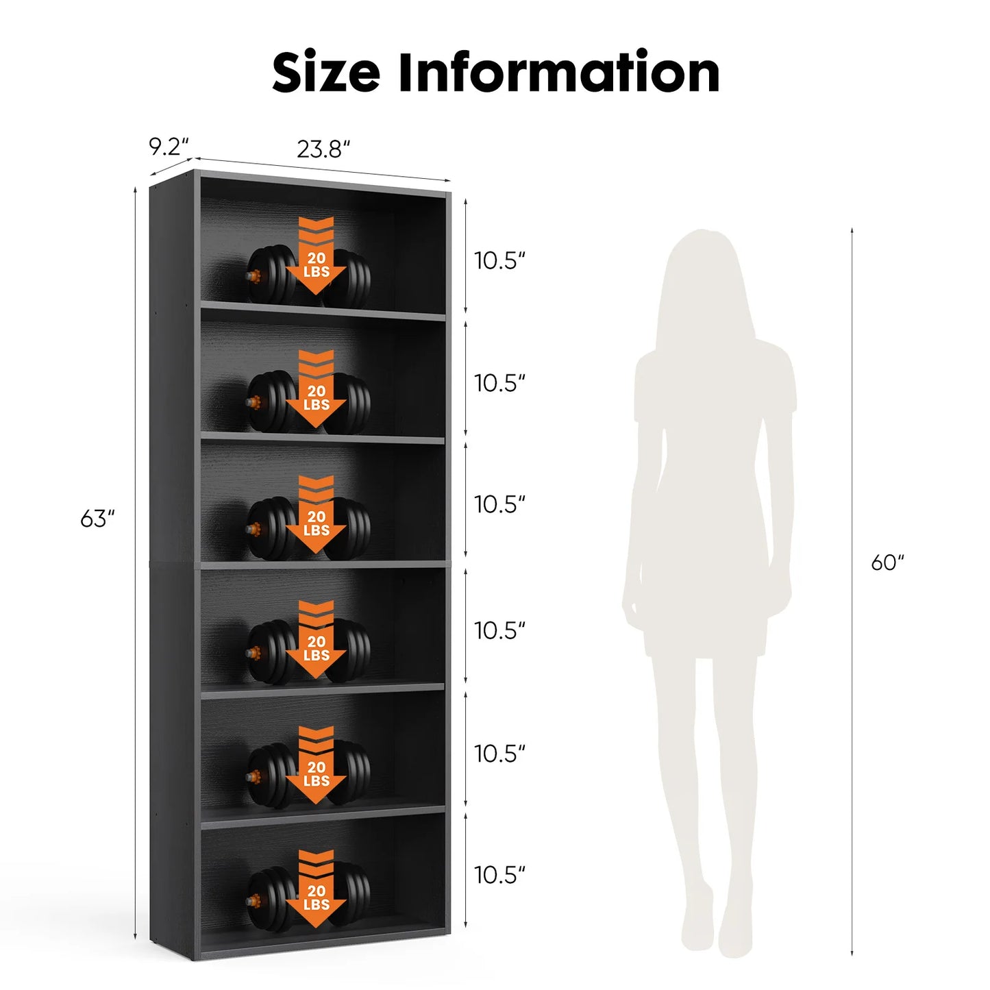 JHK 6 Tier Wooden Floor Standing Bookcase