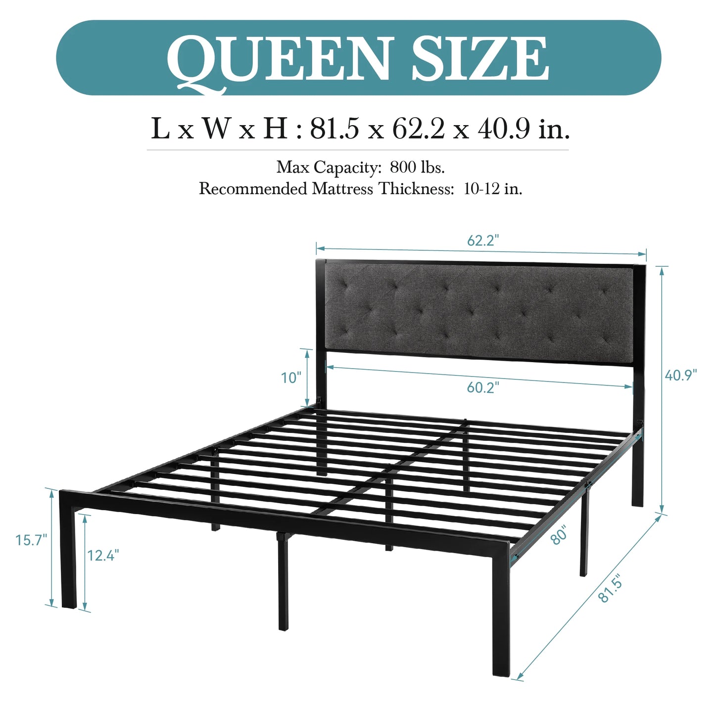 HOOMIC Metal Bed Frame With Upholstered Linen Headboard