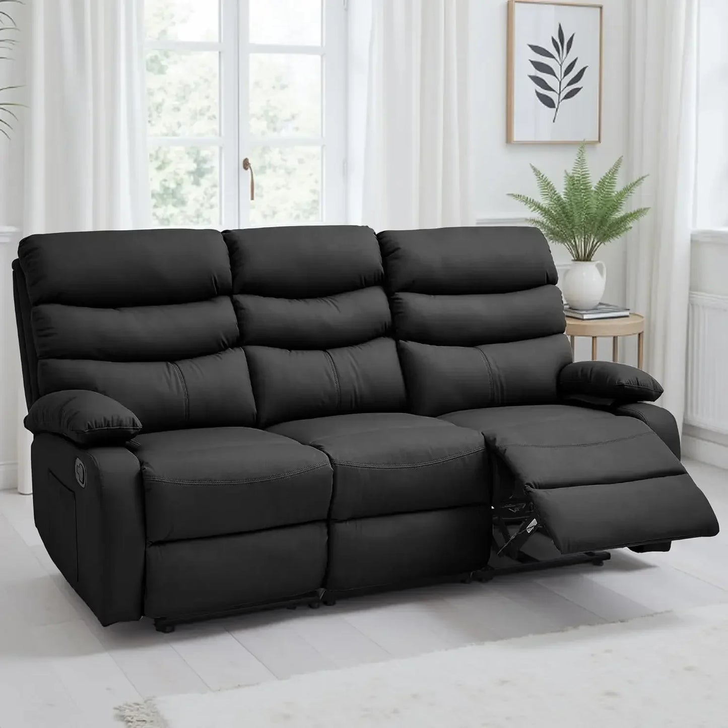 Manual 3 Seat Reclining Leather Sofa With Overstuffed Arms