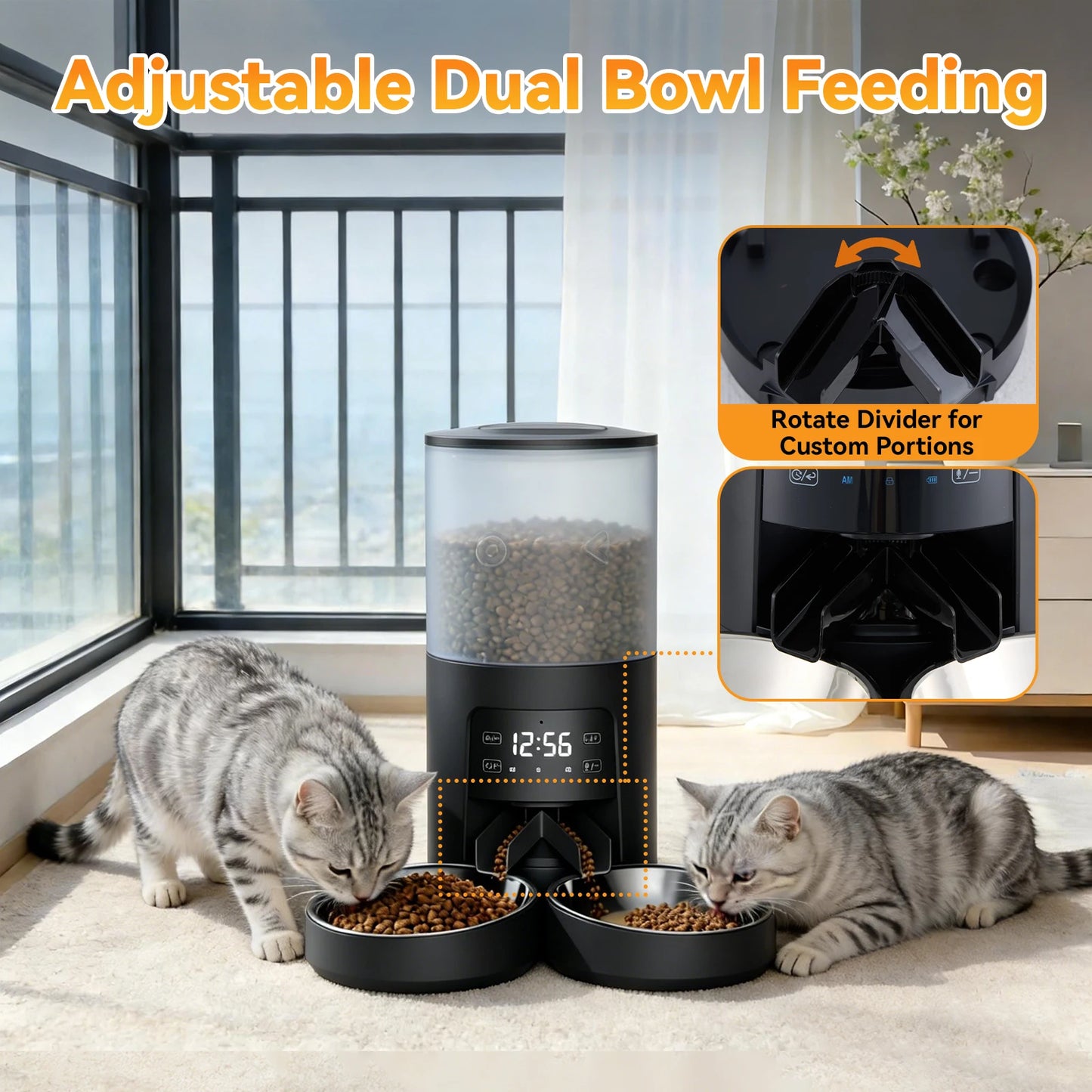 JHK Dual Bowls Automatic Cat Feeder Timed Dispenser