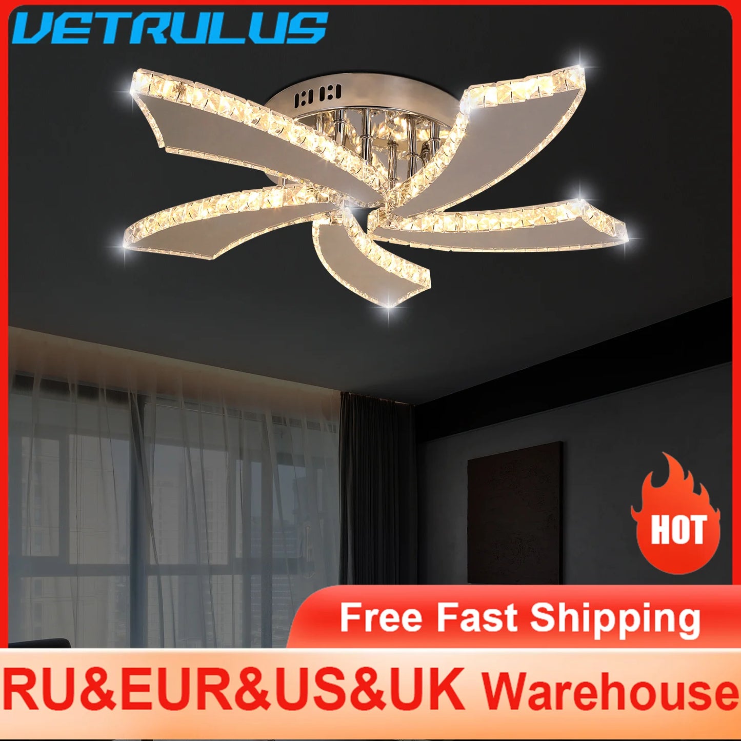 VETRULUS Modern Crystal Chandelier Ceiling Fan With Remote
