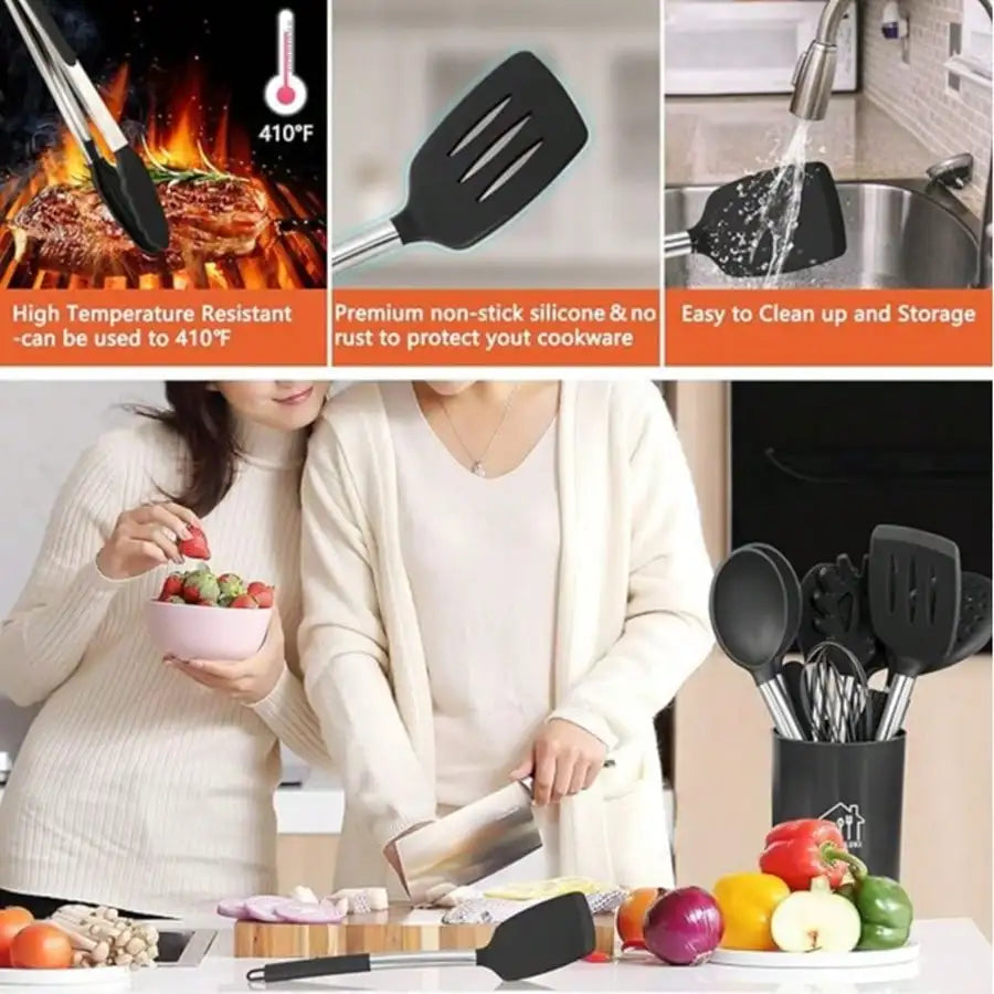 Silicone Utensil Set With Holder And Stainless Steel Handles