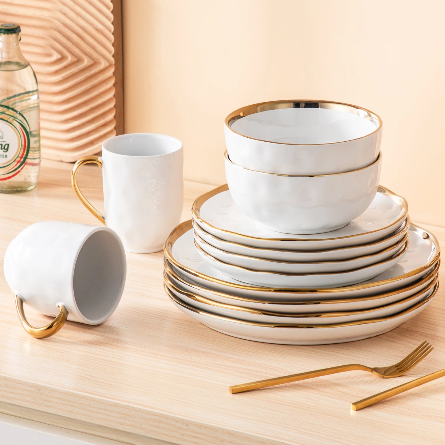 Malacasa Stoneware Dinnerware Set Handmade With Gold Trim