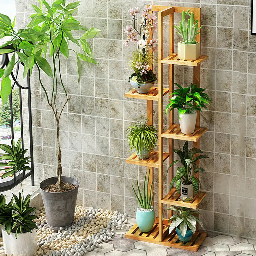 Bamboo 6 To 7 Pot Vertical Plant Stand Shelf Rack