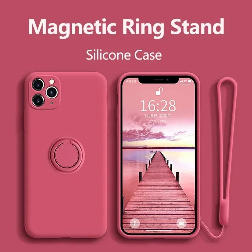 Liquid Silicone Case For iPhone Ring Stand Wrist Strap