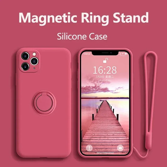 Liquid Silicone Case For iPhone Ring Stand Wrist Strap
