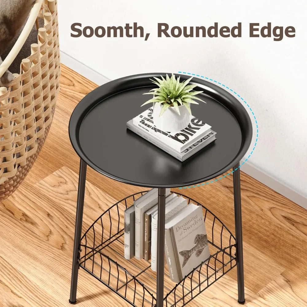 XIUWO Outdoor Side Table Two Tier Round Metal Patio
