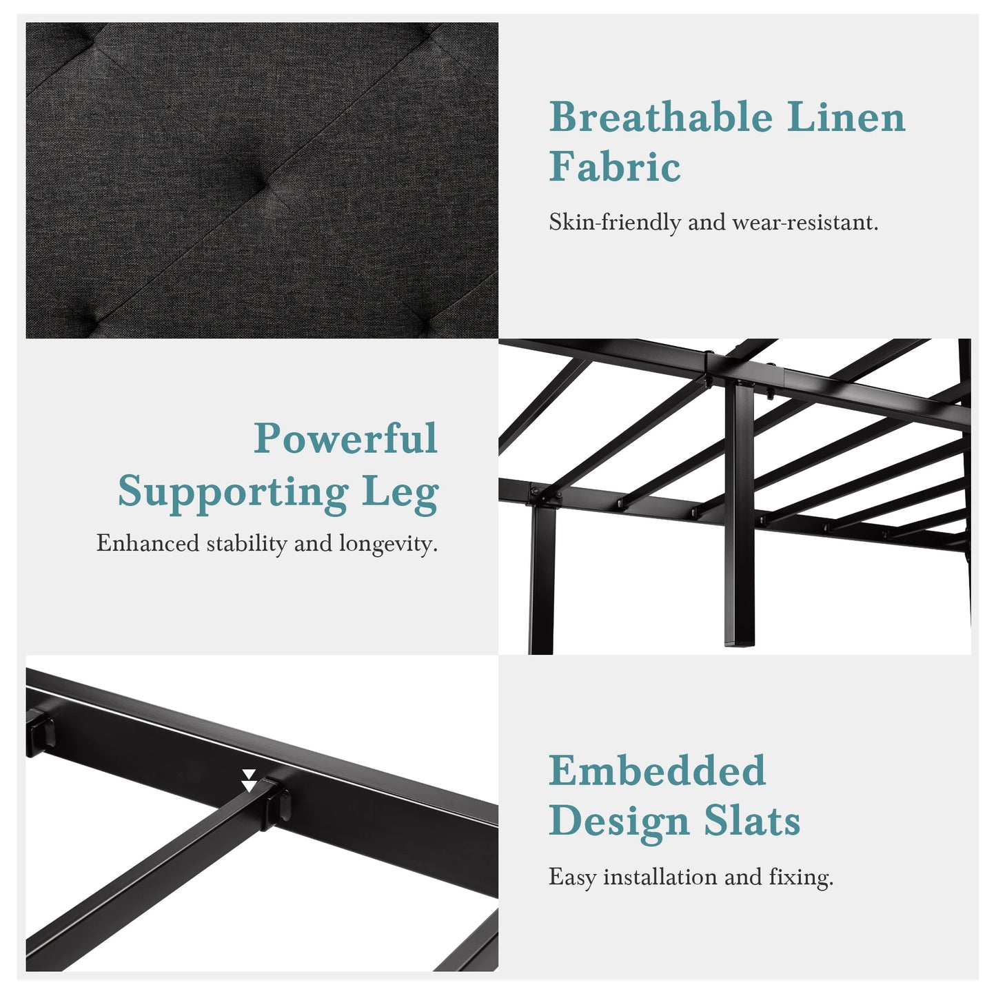 HOOMIC Metal Bed Frame With Upholstered Linen Headboard