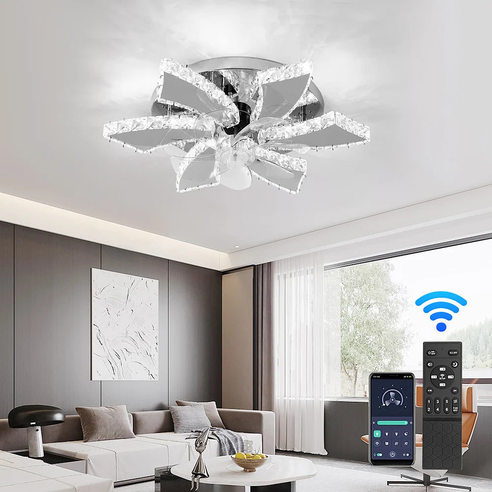 VETRULUS Modern Crystal Chandelier Ceiling Fan With Remote