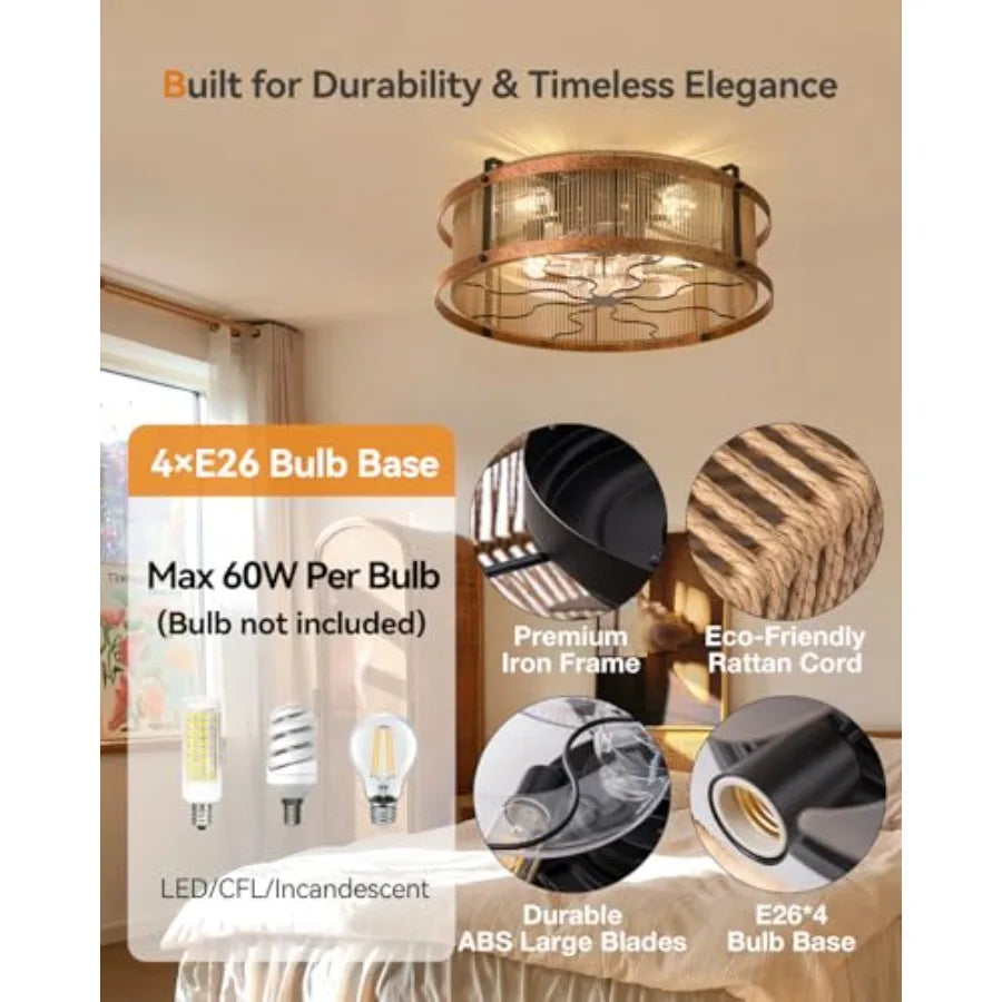 Boho Bladeless Ceiling Fan With Light And Remote Flush Mount