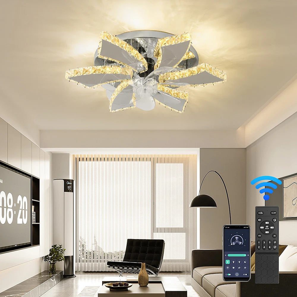 VETRULUS Modern Crystal Chandelier Ceiling Fan With Remote