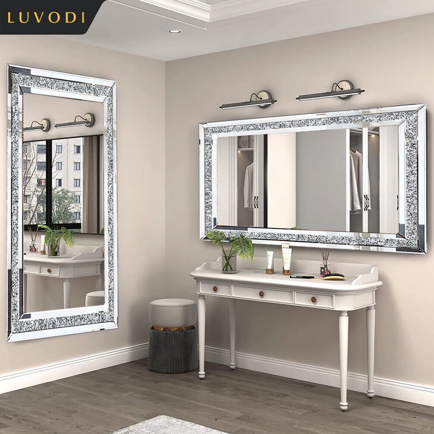 LUVODI Frameless Silver Crystal Rhinestone Wall Mirror