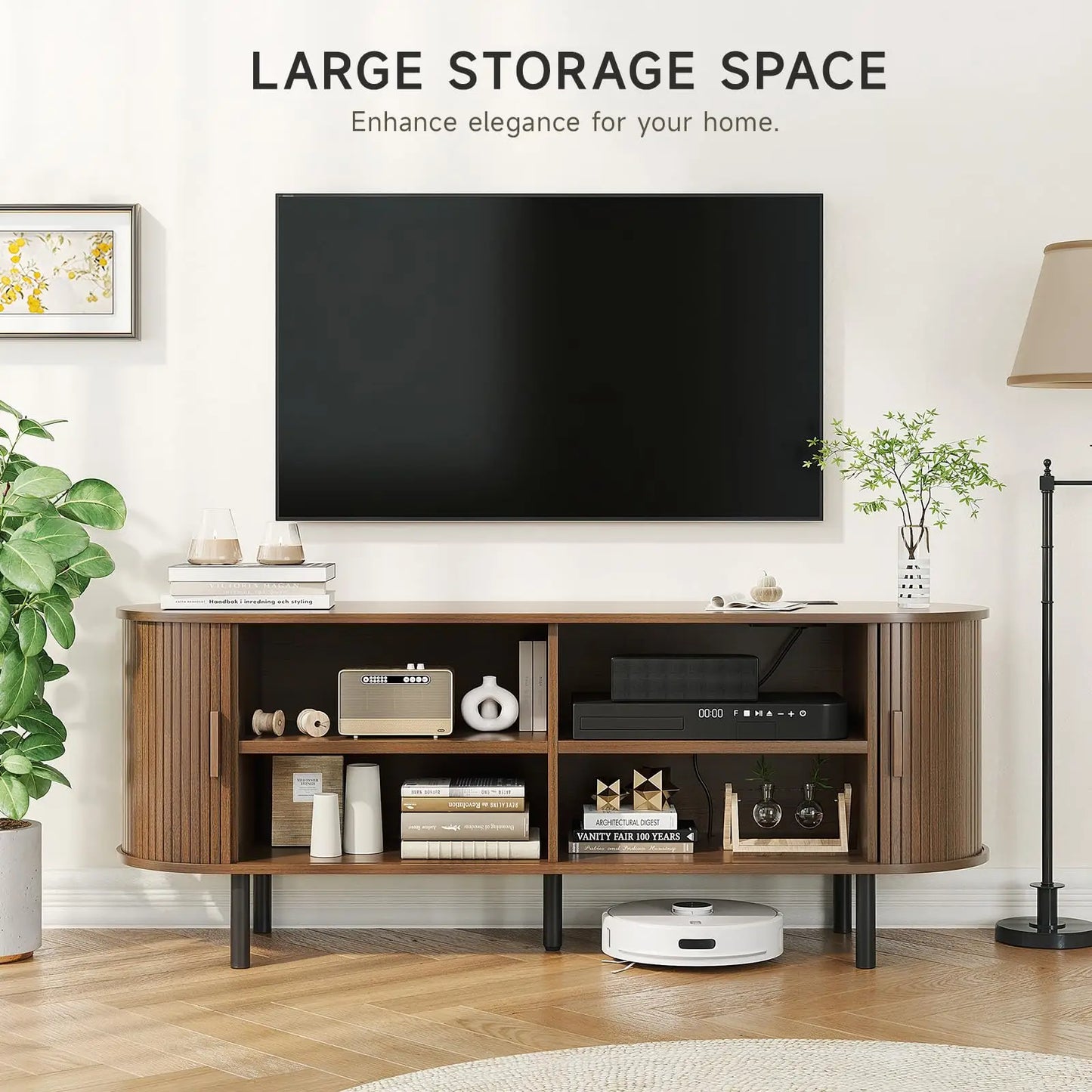 ONBRILL TV Stand With Power Outlet, Sliding Doors Storage