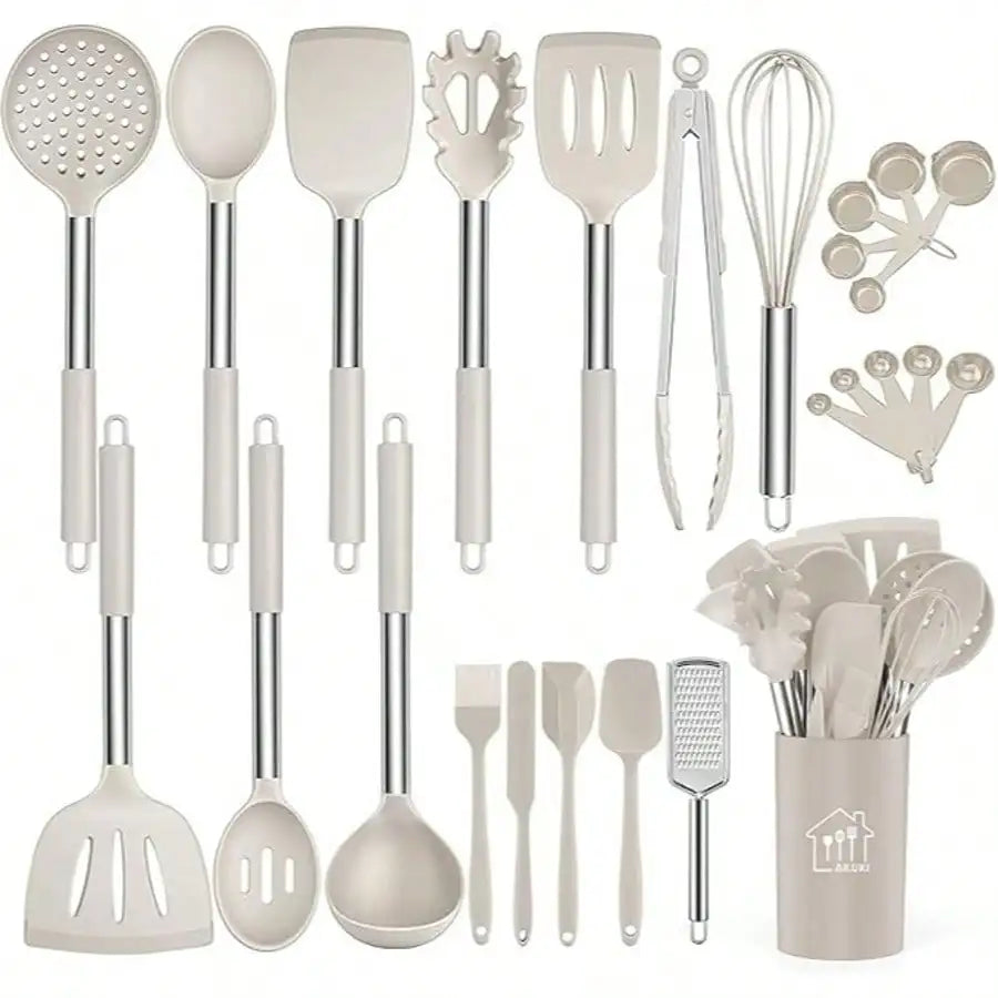Silicone Utensil Set With Holder And Stainless Steel Handles