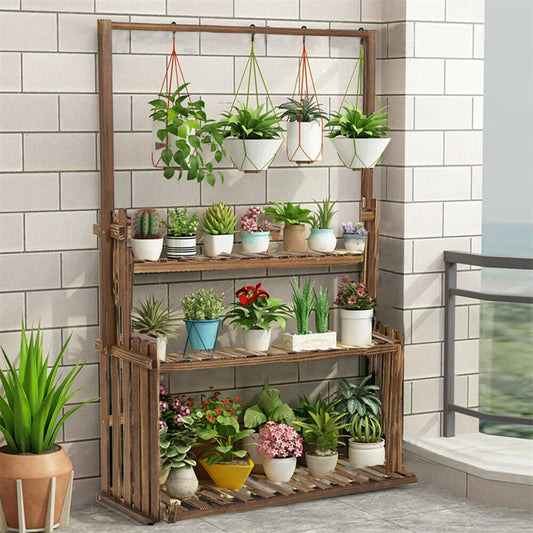 3 Tier Wooden Hanging Plant Stand For Indoor Outdoor
