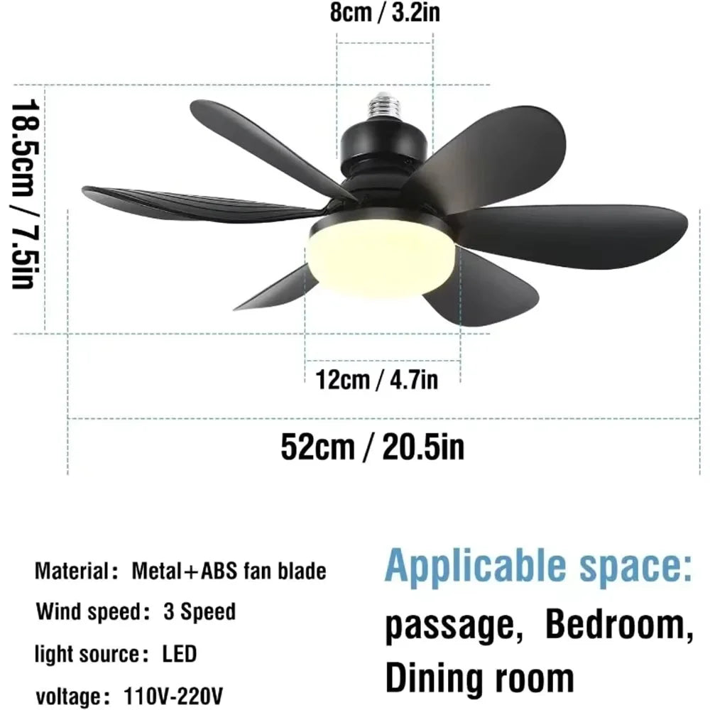 Quiet Ceiling Fan With Remote LED Light E27 Base