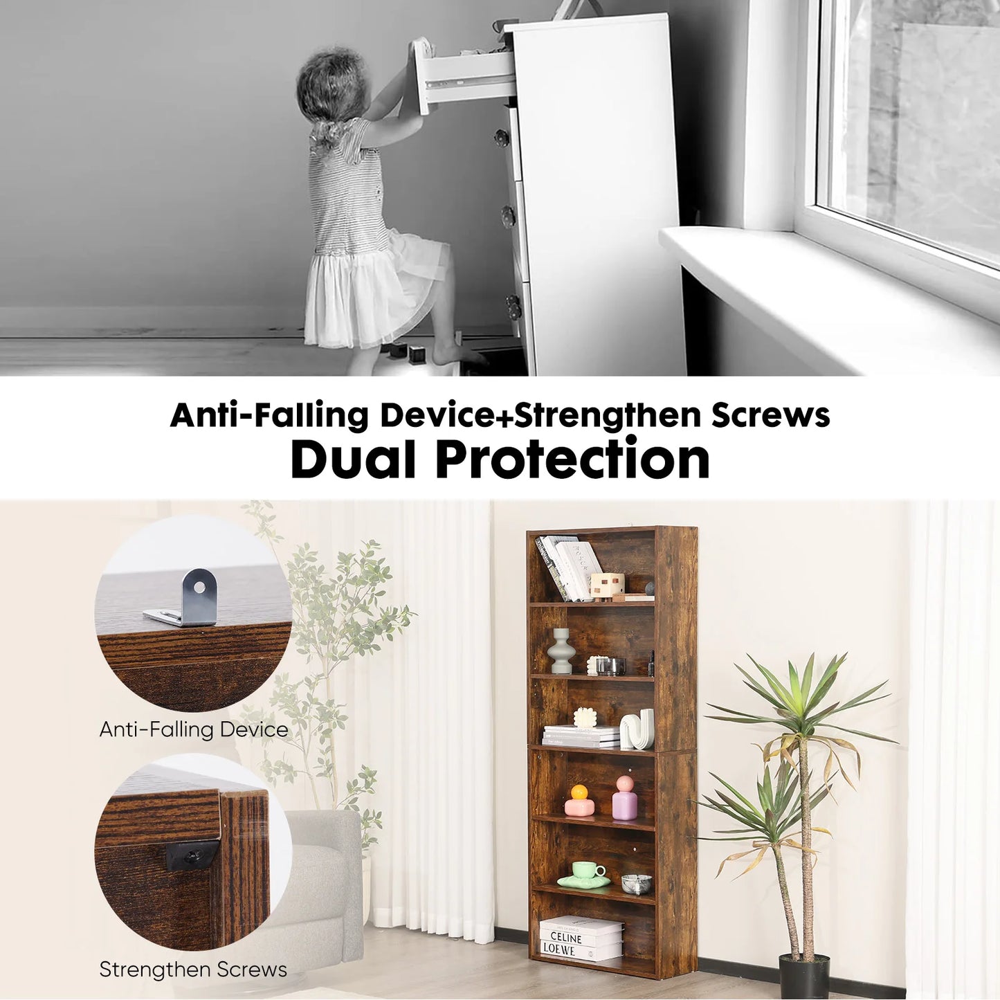 JHK 6 Tier Wooden Floor Standing Bookcase
