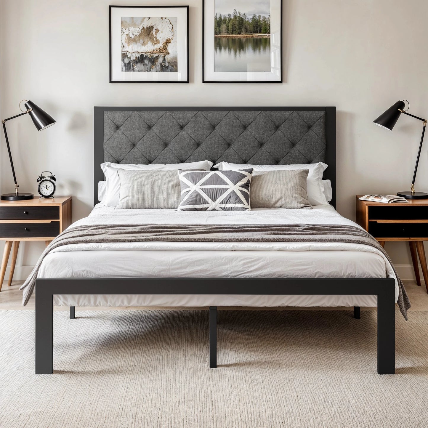 HOOMIC Metal Bed Frame With Upholstered Linen Headboard