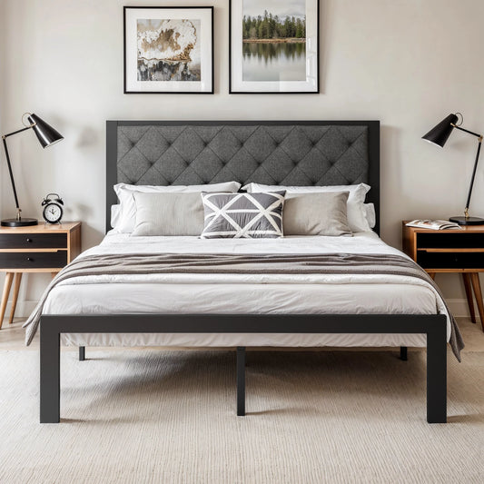 HOOMIC Metal Bed Frame With Upholstered Linen Headboard