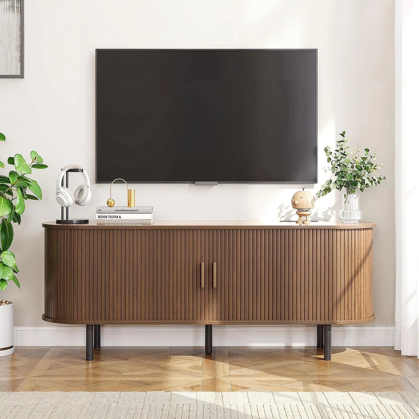 ONBRILL TV Stand With Power Outlet, Sliding Doors Storage