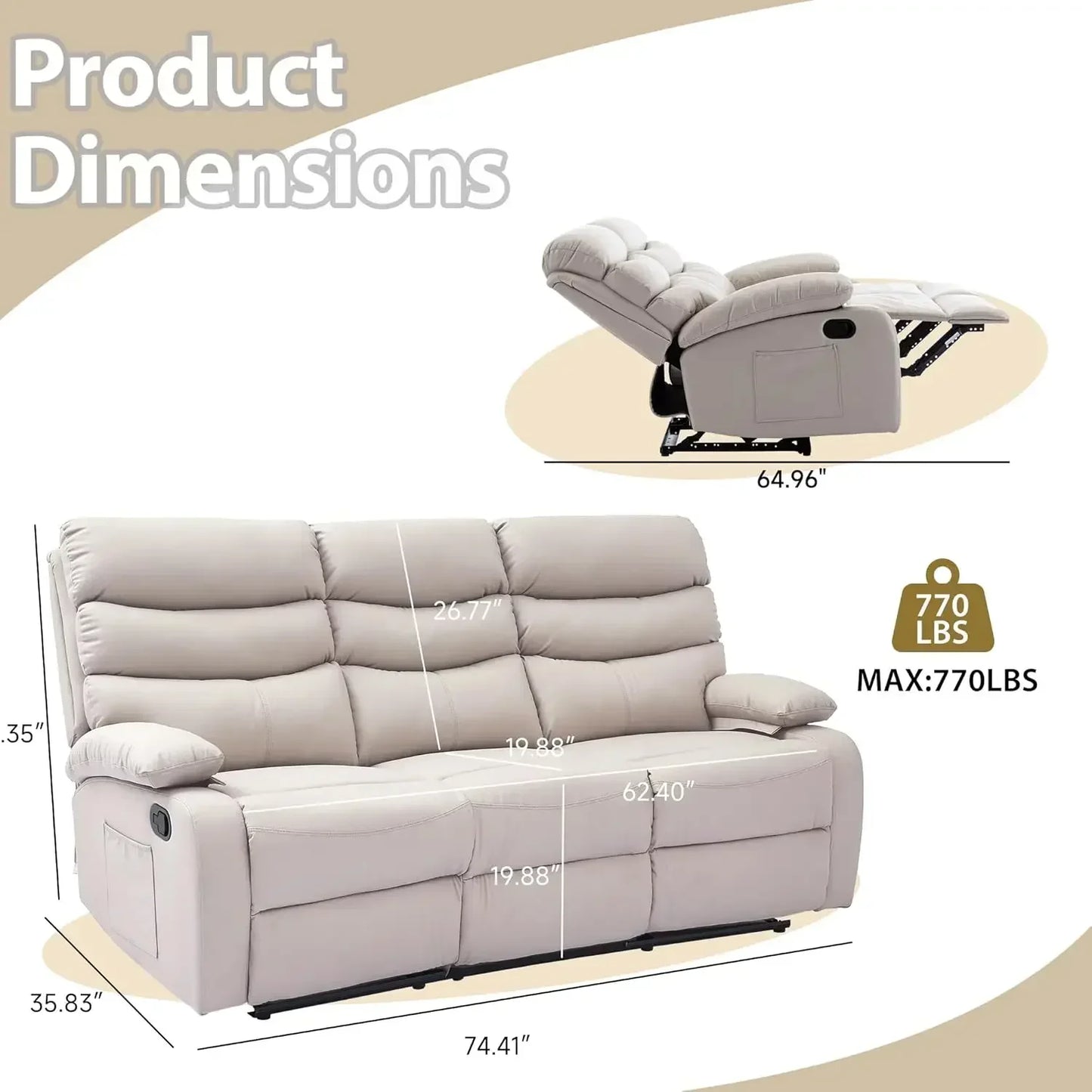 Manual 3 Seat Reclining Leather Sofa With Overstuffed Arms