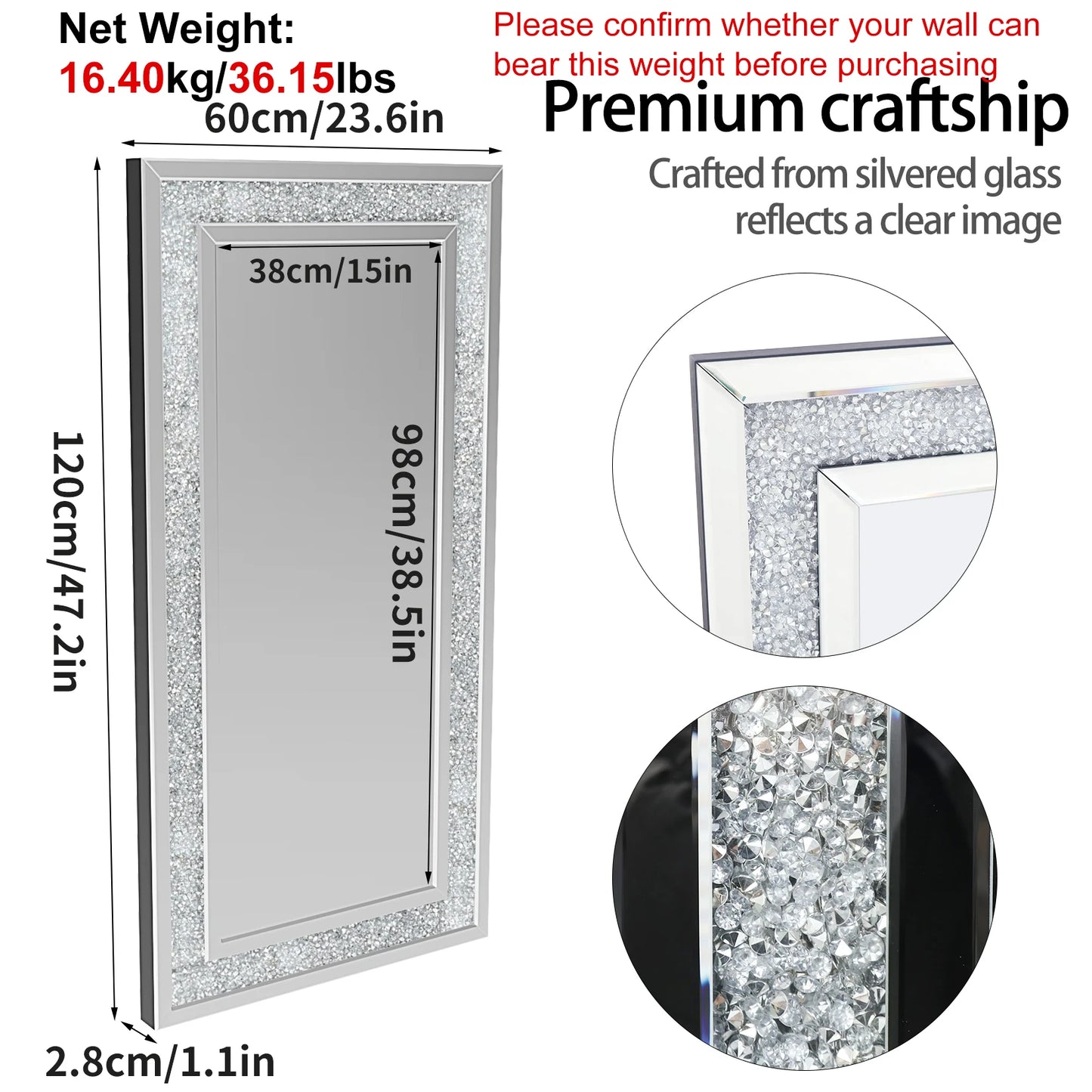 Crystal Crush Diamond Wall Mirror Framed For Living Room