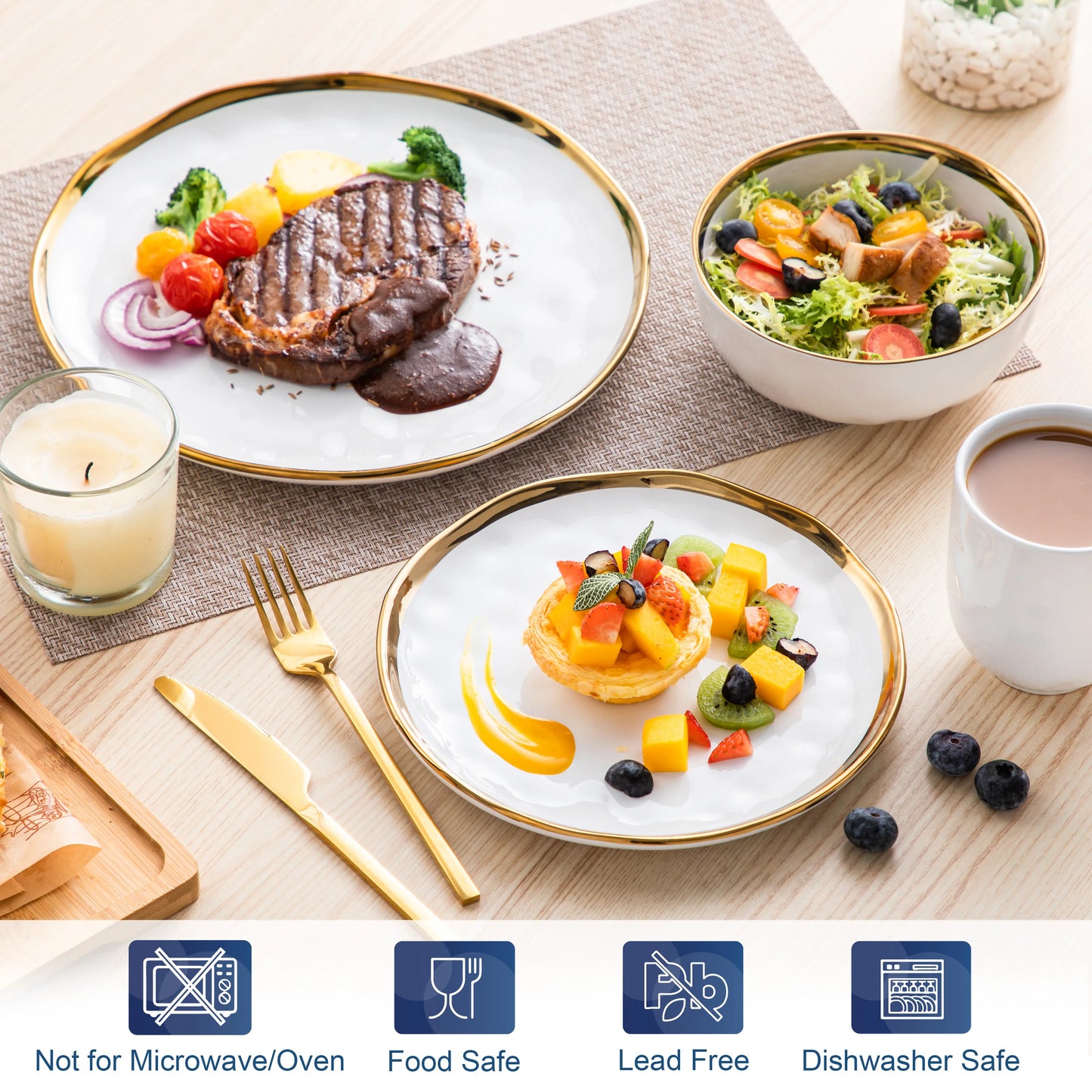 Malacasa Stoneware Dinnerware Set Handmade With Gold Trim