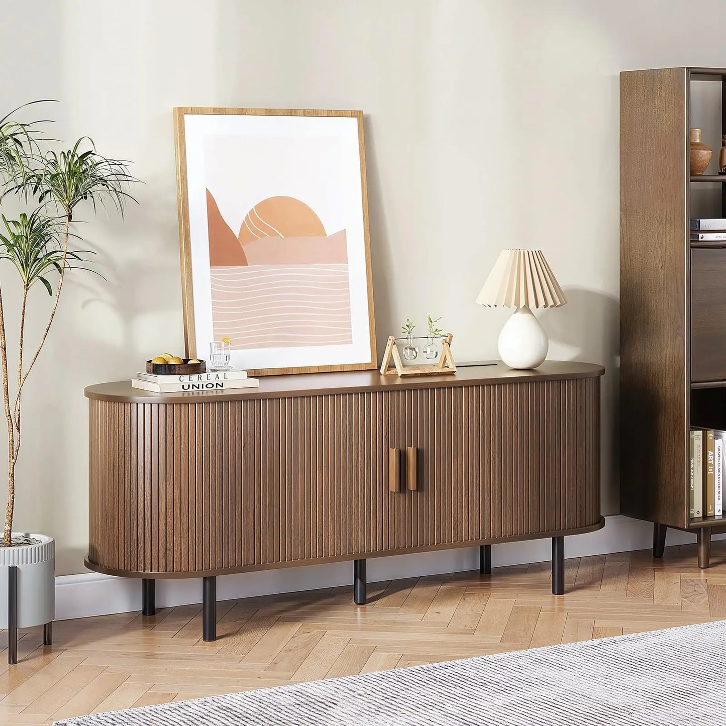 ONBRILL TV Stand With Power Outlet, Sliding Doors Storage