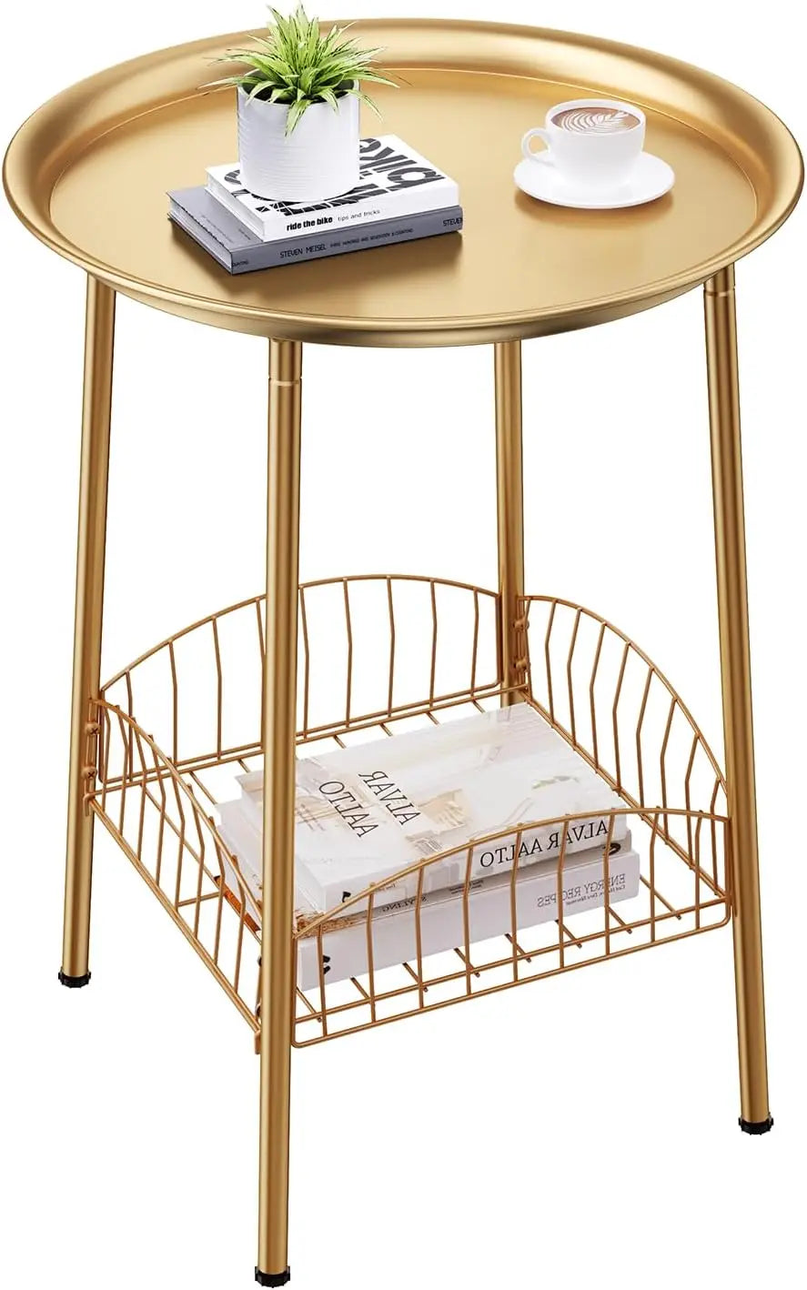 XIUWO Outdoor Side Table Two Tier Round Metal Patio